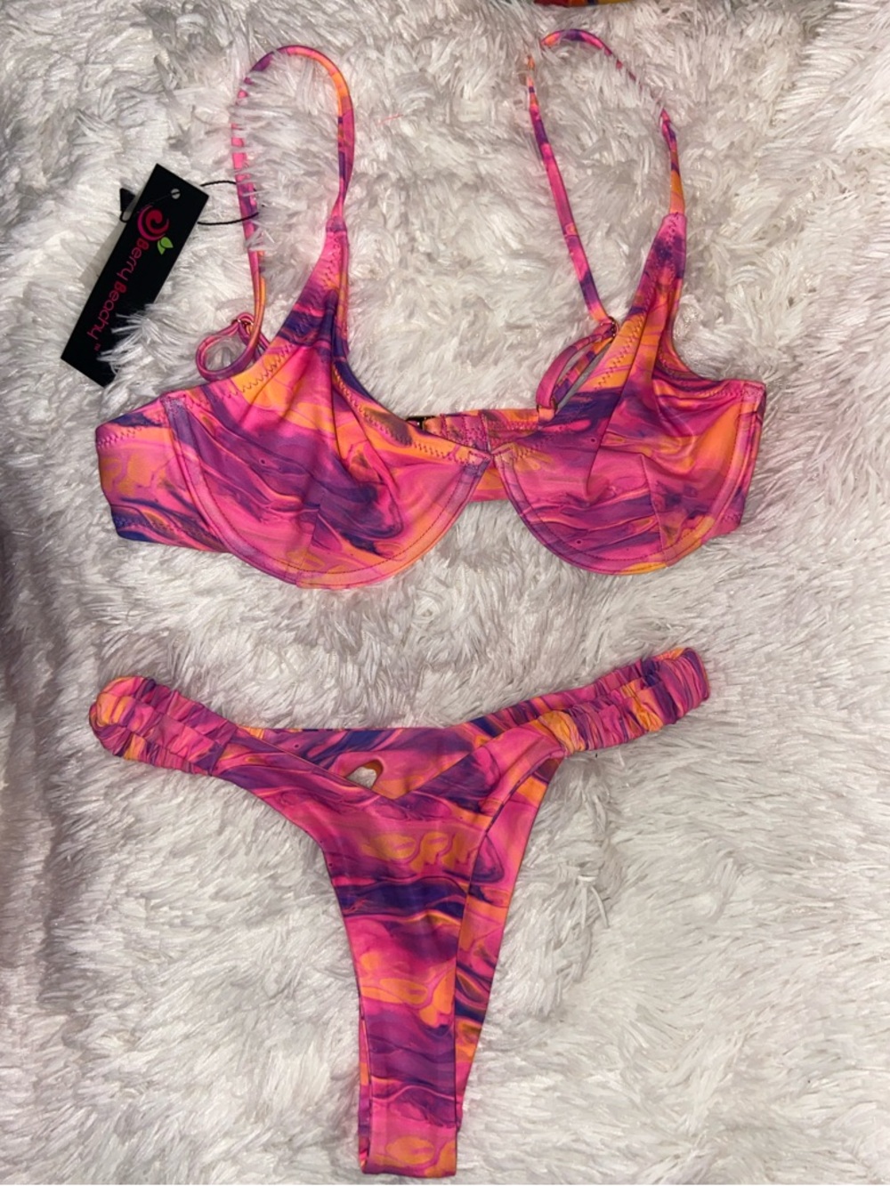 Berry Beachy Pink & Orange Marble Underwire Bikini Set
